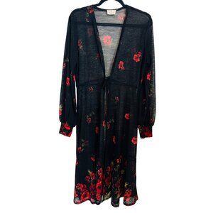 NWOT Ember Medium Black Sheer Floral Duster Cardigan Tie Closure
